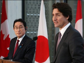 Prime Minister Justin Trudeau (R) and Japanese Prime Minister Kishida Fumio hold a news conference on January 12, 2023 in Ottawa.