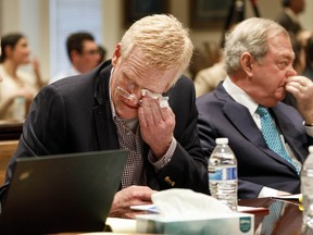 Alex Murdaugh becomes emotional after seeing his family in the courtroom as opening statements begin in his double murder trial at the Colleton County Courthouse in Walterboro, S.C, Wednesday, Jan. 25, 2023.