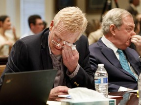 Alex Murdaugh becomes emotional after seeing his family in the courtroom as opening statements begin in his double murder trial at the Colleton County Courthouse in Walterboro, SC, Wednesday, Jan. 25, 2023.