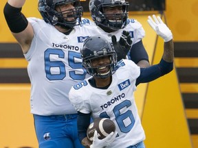 Argos receiver Brandon Banks waves at Hamilton fans after making a touchdown during last year’s Labour Day Classic. The team announced Banks is leaving. Peter Power/THE CANADIAN PRESS