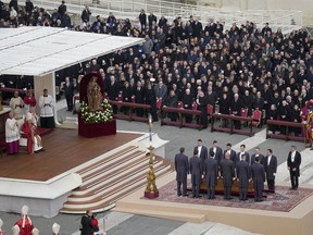 Pope Francis attends the funeral mass for Pope Emeritus Benedict XVI at St. Peter's square on January 5, 2023 in Vatican City.