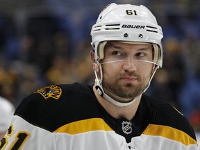 Boston Bruins forward Rick Nash skates prior to the first period of an NHL hockey game against  the Buffalo Sabres, Sunday, Feb. 25, 2018, in Buffalo, N.Y.