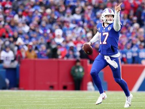 Josh Allen #17 of the Buffalo Bills during the third quarter against the New England Patriots at Highmark Stadium on January 08, 2023 in Orchard Park, New York. (Photo by Bryan M. Bennett/Getty Images)