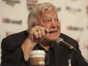 Bobby Hull speaks during a media event before a tribute to Gordie Howe in Saskatoon, Friday, February 6, 2015.