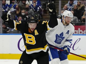 Bruins winger Taylor Hall, here celebrating a goal against the Maple Leafs last season in Boston, says his teammates will have “our hands full, no matter who is in their lineup” when the clubs resume their rivalry at the TD Garden on Saturday tonight.
