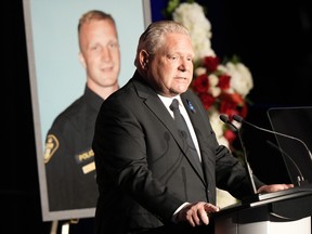 Ontario Premier Doug Ford speaks during the funeral service of OPP Const. Grzegorz (Greg) Pierzchala in Barrie, Ont., Wednesday, Jan.4, 2023.
