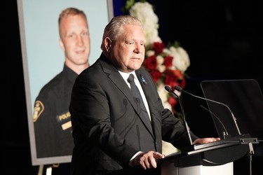 Ontario Premier Doug Ford speaks during the funeral service of OPP Const. Grzegorz (Greg) Pierzchala in Barrie, Ont., Wednesday, Jan.4, 2023. THE CANADIAN PRESS/Frank Gunn