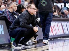Nick Nurse, head coach of the Toronto Raptors watches the  play during the second half of their loss to the Knicks in Toronto on Friday, Jan. 6, 2023.