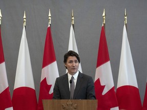 Canadian Prime Minister Justin Trudeau delivers remarks at a luncheon with Japanese Prime Minister Fumio Kishida, Thursday, Jan. 12, 2023 in Ottawa.