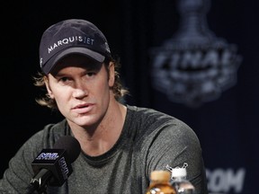 In this June 8, 2010, file photo, Philadelphia Flyers defenseman Chris Pronger answers questions during practice at the NHL Stanley Cup hockey finals in Philadelphia.