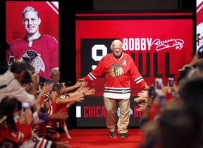 Former Chicago Blackhawk Bobby Hull is introduced to the fans during the NHL hockey team’s convention Friday, July 15, 2016, in Chicago. (Charles Rex Arbogast/AP)