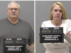 This combination of photos provided by the Sangamon County Sheriff's Dept. shows Peter J. Cadigan, left, and Peggy Jill Finley on Jan. 9, 2023, in Springfield, Ill.