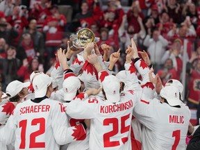 Team Canada lifts the IIHF Championship Cup while celebrating winning over Czechia at the World Junior Hockey Championship gold medal game in Halifax on Thursday, January 5, 2023.