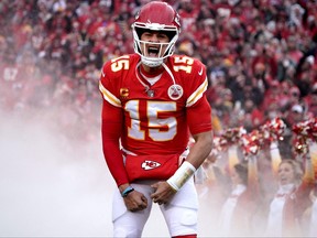 Kansas City, Missouri, USA; Kansas City Chiefs quarterback Patrick Mahomes is introduced before playing against the Jacksonville Jaguars in the AFC divisional round game at GEHA Field at Arrowhead Stadium.