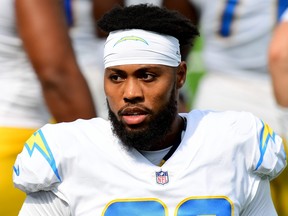 Jessie Lemonier of the Los Angeles Chargers on the sidelines during a 21-16 Carolina Panthers win at SoFi Stadium on September 27, 2020 in Inglewood, California.