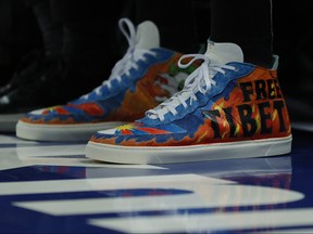 Detail of the shoes worn by Enes Kanter of the Boston Celtics with the wording “Free Tibet” during the first half against the New York Knicks at Madison Square Garden on October 20, 2021 in New York City. (Sarah Stier/Getty Images)