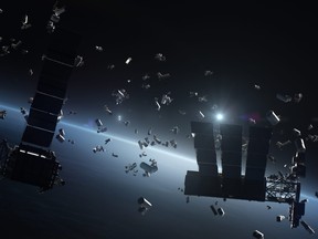 3D Render of space debris around planet Earth