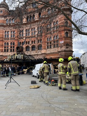 Firefighters and emergency services attend an emergency outside the Palace Theatre in Cambridge Circus on Jan. 27, 2023 in London, England.
