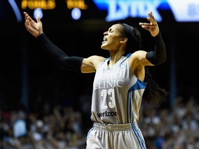 Maya Moore of the Minnesota Lynx pumps up the crowd in the final minute of Game Five of the WNBA Finals against the Los Angeles Sparks on October 4, 2017 at Williams in Minneapolis, Minnesota.