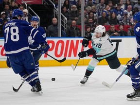 Maple Leafs' TJ Brodie (78) tries to block a Seattle shot on Thursday, Jan. 5, 2023, in Toronto.