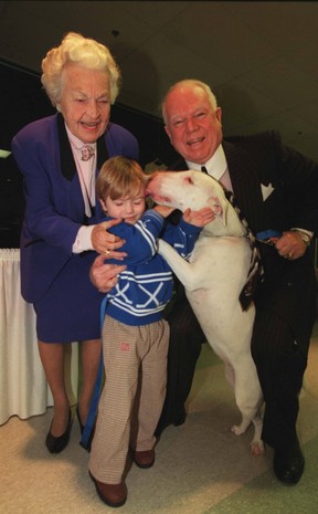 “Blue”, Don Cherry’s faithful sidekick, goes nuts on Don’s grandson Del Cherry, 3, at a press conference to launch the new OHL Mississauga IceDogs and the team complex in Mississauga with Mississauga Mayor Hazel McCallion. JOE WARMINGTON/TORONTO SUN