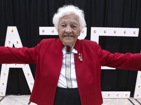 Former Mississauga May Hazel McCallion visits the "Hazel: 100 Years of Memories" exhibit at Erin Mills Town Centre, Oct. 26, 2021.
