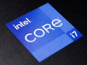 The Intel Corp logo is seen on a display in a store in Manhattan, New York City, Nov. 24, 2021.