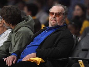 Jack Nicholson watches the second half of the NBA basketball game between the Los Angeles Lakers and the Los Angeles Clippers, Thursday, Oct. 19, 2017.