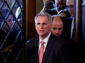 House Republican Leader Kevin McCarthy (R-CA) passes reporters as he returns to the House Chamber for an 8th round of voting for a new Speaker on the third day of the 118th Congress at the U.S. Capitol in Washington, Thursday, Jan. 5, 2023.