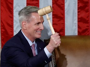 U.S. House Republican Leader Kevin McCarthy (R-CA) wields the Speaker’s gavel after being elected the next Speaker of the U.S. House of Representatives in a late night 15th round of voting on the fourth day of the 118th Congress at the U.S. Capitol in Washington, Jan. 7, 2023.