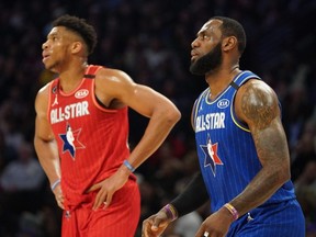 Team Giannis forward Giannis Antetokounmpo of the Bucks and Team LeBron forward LeBron James of the Lakers are seen during the third quarter of the 2020 NBA All-Star Game at United Center in Chicago, Feb. 16, 2020.