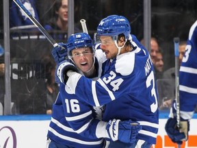 While Mitch Marner, left, and Auston Matthews played parts of the game against Boston on the same line on Saturday night, they were separated again at practice on Monday.