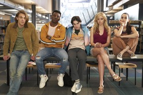The cast of One of Us is Lying pictured L-R: Cooper van Grootel as Nate, Chibuikem Uche as Cooper, Mark McKenna as Simon, Annalisa Cochrane as Addy, Marianly Tejada as Bronwyn