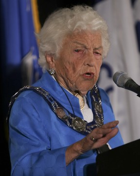 Mississauga mayor Hazel McCallion gives her final State of City Address at the Mississauga Convention Centre in Mississauga, Ont. on Tuesday, Sept. 23, 2014.