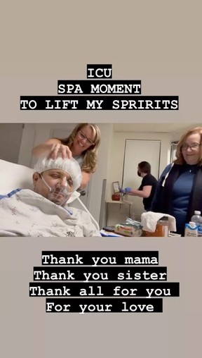 Jeremy Renner shared a sweet video of his mom and sister helping him as he recovers from a horrific snowplow accident.