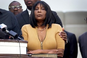 RowVaughn Wells, mother of Tyre Nichols, is comforted during a press conference on Jan, 27, 2023 in Memphis, Tenn.