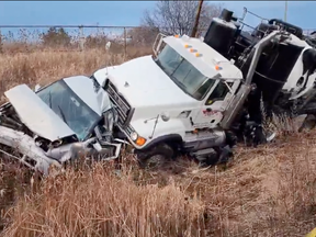 A screengrab from video posted to Twitter of a multivehicle crash