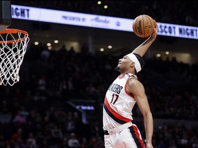 Portland Trail Blazers Canadian shooting guard Shaedon Sharpe (17) dunks the ball during the first half at Moda Center. Soobum Im-USA TODAY Sports