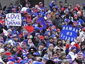 Buffalo Bills fans show support for Damar Hamlin in the third quarter game against the New England Patriots at Highmark Stadium. ( Mark Konezny-USA TODAY Sports )