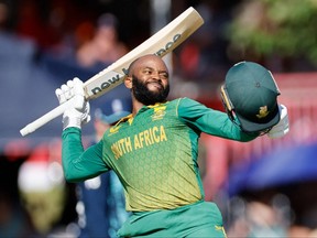 South Africa's Temba Bavuma celebrates after scoring a century (100 runs) during the second one day international (ODI) cricket match between South Africa and England at Mangaung Oval in Bloemfontein on Jan. 29, 2023.