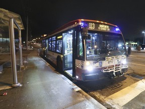 A TTC bus in service at the Merrian Rd. stop on Kennedy Rd., blocks south of Eglinton Ave. E., hours after an assault on two uniformed TTC employees at the location on Monday, January 23, 2023.