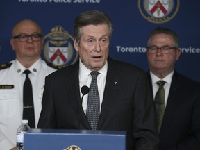Toronto Police Chief Myron Demkiw, Toronto Mayor John Tory, TTC CEO Rick Leary and TTC Chair City Councillor Jon Burnside at Police HQ speaking about the spate of violent incidents and an increased police presence on the transit system on Thursday, Jan. 26, 2023.