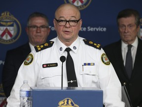 Toronto Police Chief Myron Demkiw (pictured), Toronto Mayor John Tory (R), TTC CEO Rick Leary (L) and TTC Chair City Councillor Jon Burnside at Police HQ speaking about the spate of violent incidents and an increased police presence on the transit system on Thursday, Jan. 26, 2023.