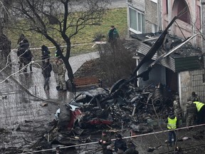 A general view of the site of a helicopter crash, amid Russia's attack on Ukraine, in the town of Brovary, outside Kyiv, Ukraine, Jan. 18, 2023.