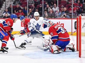 Maple Leafs forward William Nylander looks for a rebound in front of the Canadiens' net on Saturday in Montreal. Nylander was not voted into the NHL All-Star Game, even though many believe he should be there.