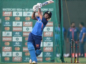 India's Ishan Kishan attends a practice session at Greenfield International Stadium in Thiruvananthapuram on January 14, 2023, on the eve of their third and final one-day international (ODI) cricket match against Sri Lanka.
