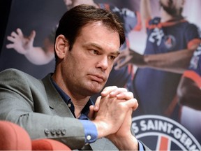 In this file photo taken on September 11, 2012 then France's Handball team Paris Saint-Germain general manager, Bruno Martini gives a press conference at the Parc des Princes in Paris.