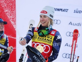 Alpine Skiing - FIS Alpine Ski World Cup - Women's Slalom - Kronplatz, Italy - January 25, 2023
Mikaela Shiffrin of the U.S. celebrates on the podium after winning.