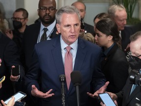 House Republican Leader Kevin McCarthy, R-Calif., speaks after a closed-door meeting with the GOP Conference as he pursues the speaker of the House role when as the 118th Congress convenes, Tuesday, Jan. 3, 2023, in Washington.