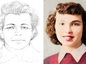 A sketch of a deceased woman discovered in Mohave County, Ariz., in 1971, left, and a high school yearbook photo of Colleen Audrey Rice provided by her family.